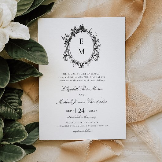 Invitation Vintage Crest Monogramme Botanique Mariage officie