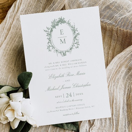 Invitation Vintage Crest Monogramme Botanique Vert Mariage