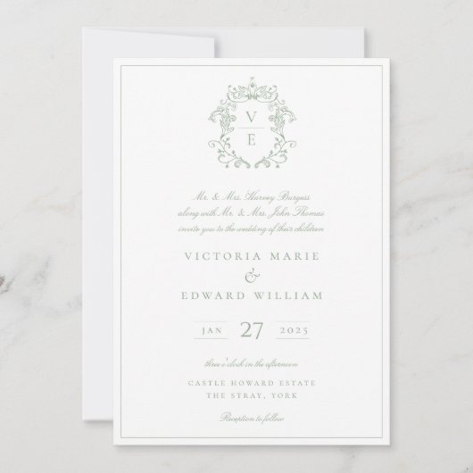 Invitation Vintage Crest Monogramme Mariage Sage (Devant)