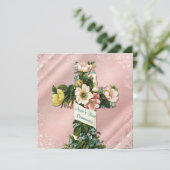 Invitation Vintage Croix Vintage Première communion rose (Debout devant)