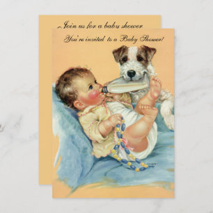 Invitation Vintage Cute Baby Bottle Chien coquelicot, Baby sh