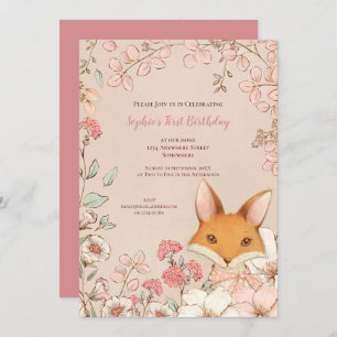 Invitation Vintage Cute Fox Floral Feuilles 1er anniversaire