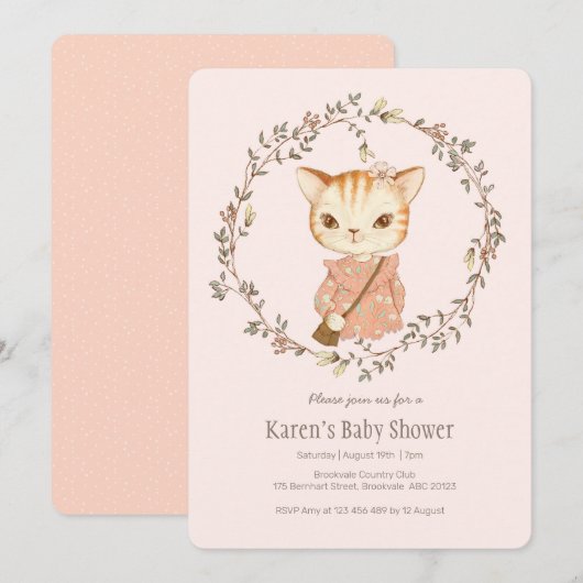 Invitation Vintage Cute Kitty Cat Baby shower (Devant / Derrière)
