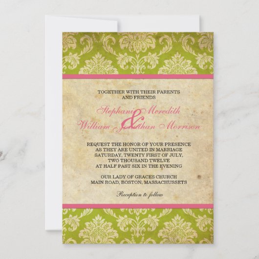 Invitation vintage Damask en rose et vert (Devant)