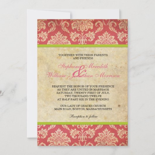 Invitation vintage Damask en rose et vert (Devant)