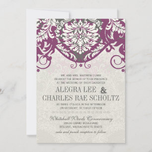 Invitation Vintage Damask Gray and Plum Modern Typography