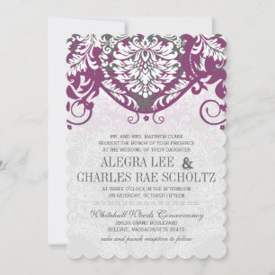 Invitation Vintage Damask Gray and Plum Modern Typography