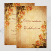 Invitation Vintage Damask Shabby Chic Peach Roses Quinceañera (Devant / Derrière)
