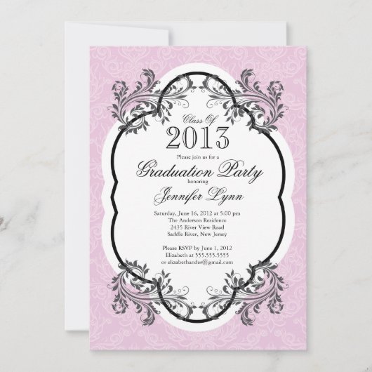 Invitation Vintage Damask Stylish Pink Graduation Party (Devant)