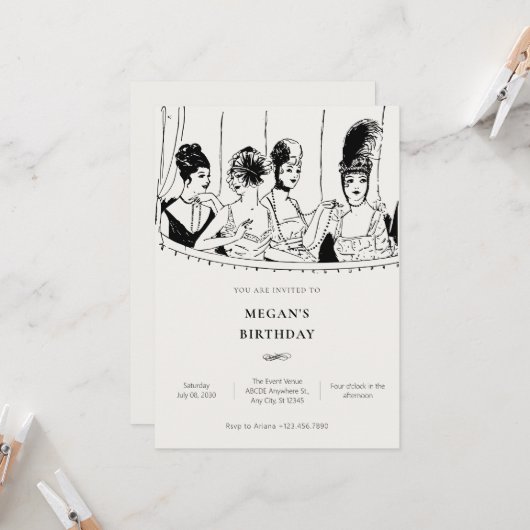 Invitation Vintage dames élégant anniversaire (Devant/Arrière en situation)
