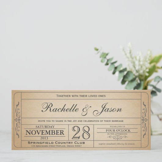 Invitation vintage de billet de mariage (Debout devant)