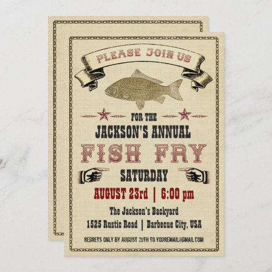 Invitation vintage de friture de poissons (Devant / Derrière)