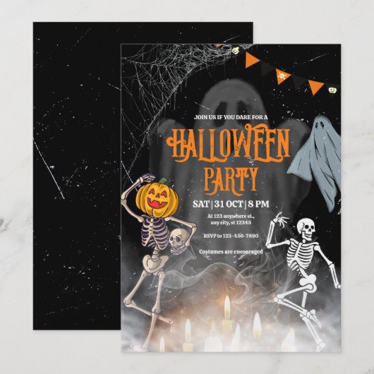 invitation vintage de la fête d'Halloween, squelet (Devant / Derrière)
