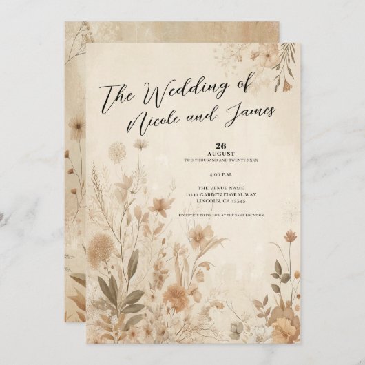Invitation Vintage Delicate Floral Botanical Mariage Boho (Devant / Derrière)