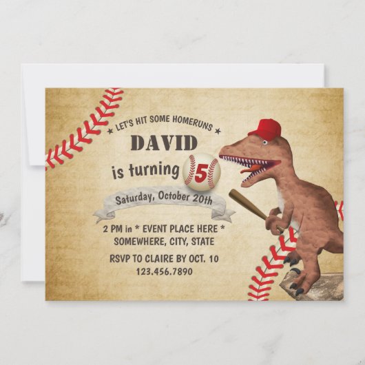 Invitation Vintage Dinosaur Baseball 5e anniversaire (Devant)