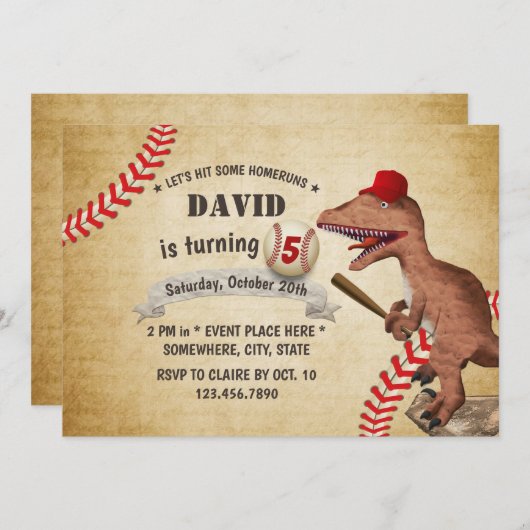 Invitation Vintage Dinosaur Baseball 5e anniversaire (Devant / Derrière)