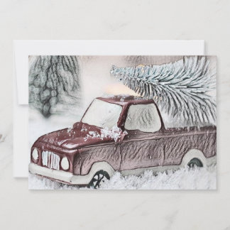 Invitation Vintage Drawing of a Red Truck with Christmas Tree