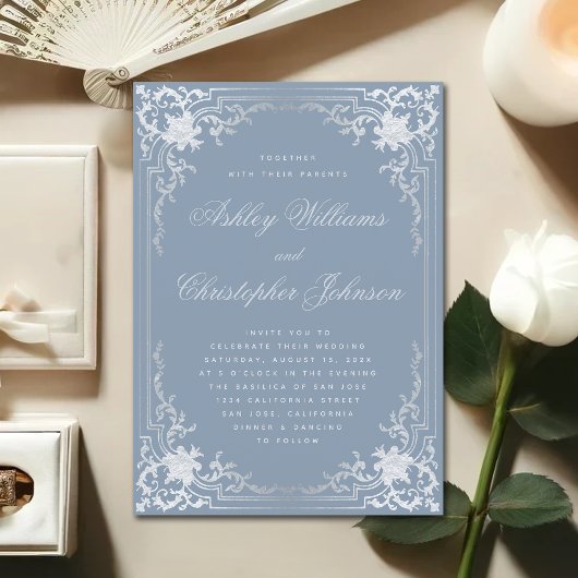 Invitation Vintage Dusty Blue Faux Silver Calligraphy Mariage