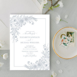 Invitation Vintage Dusty Blue Floral Line Art Script Mariage