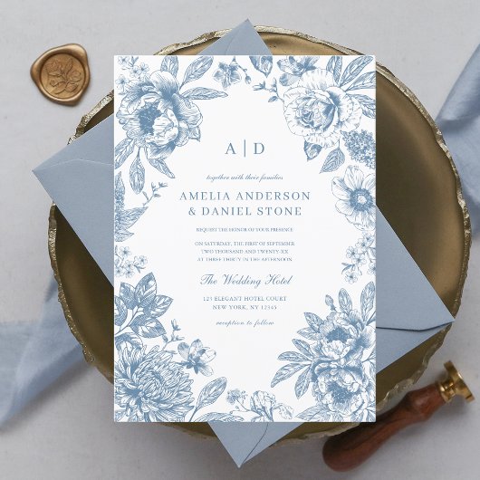 Invitation Vintage Dusty Blue Garden Monogram Mariage