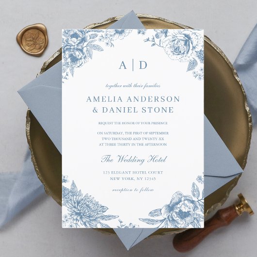 Invitation Vintage Dusty Blue Garden Monogram Mariage