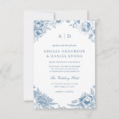 Invitation Vintage Dusty Blue Garden Monogram Mariage (Devant)