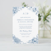 Invitation Vintage Dusty Blue Garden Monogram Mariage (Debout devant)