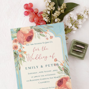 Invitation Vintage Elegant Aquarelle bleu Floral Mariage