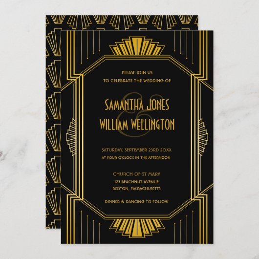 Invitation Vintage élégant Art Déco Black Gold Mariage (Devant / Derrière)