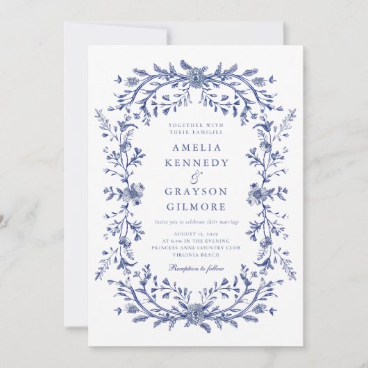 Invitation Vintage Elégant bleu bleu Mariage Floral (Devant)