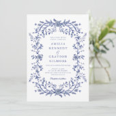 Invitation Vintage Elégant bleu bleu Mariage Floral (Debout devant)