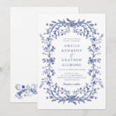 Invitation Vintage Elégant bleu bleu Mariage Floral (Devant / Derrière)