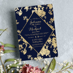 Invitation Vintage élégant bleu marine faux or mariage floral