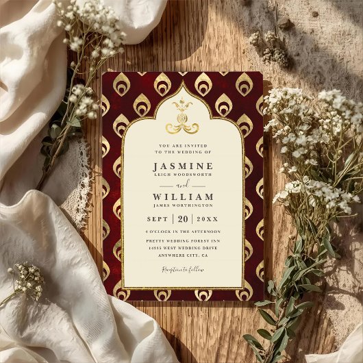 Invitation Vintage Elegant Emerald Peacock QR Code Wedding