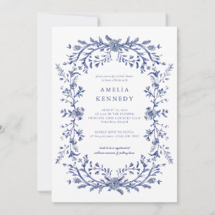 Invitation Vintage Elégant Fête des mariées Florale Bleu Fran