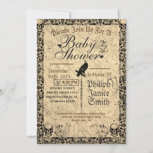 Invitation Vintage Elegant Gothic, Baby shower Halloween (Devant)