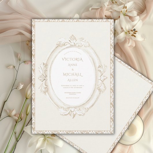 Invitation Vintage Elegant Neutral Damask Wedding