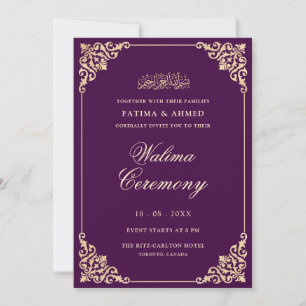Invitation Vintage Elegant Purple Gold Script Walima Cérémoni