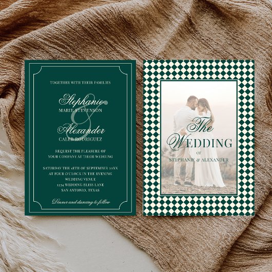 Invitation Vintage Emerald Checkered Old Money Photo Wedding