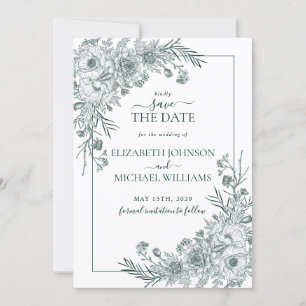 Invitation Vintage Emerald Floral LineArt Photo Enregistrer l