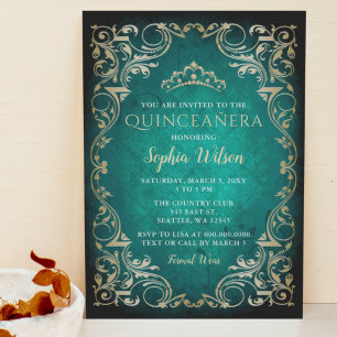 Invitation Vintage Emerald Gold Princesse Tiara Quinceañera