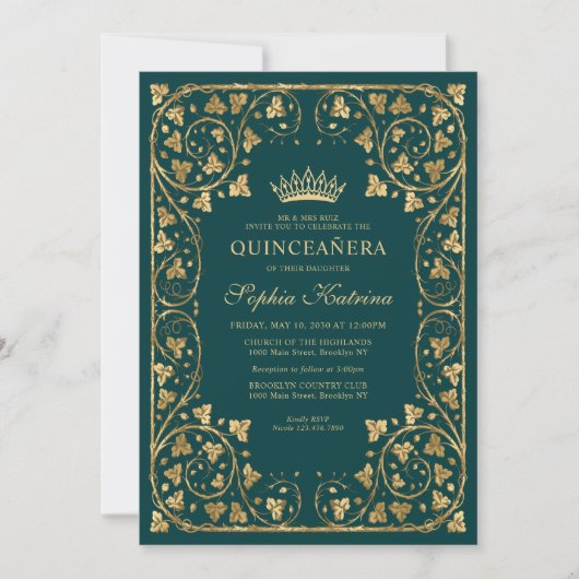 Invitation Vintage Emerald Green Gold Frame Tiara Quinceanera (Devant)