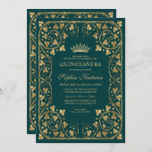 Invitation Vintage Emerald Green Gold Frame Tiara Quinceanera (Devant / Derrière)