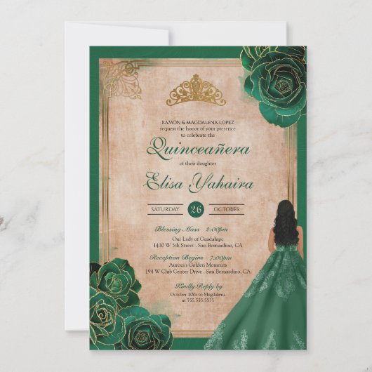 Invitation Vintage Emerald Green Gold Roses Royal Quinceanera (Devant)