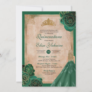 Invitation Vintage Emerald Green Gold Roses Royal Quinceanera