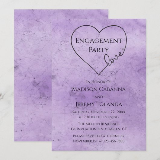 Invitation Vintage Engagement Party Purple Aquarelle Coeur (Devant / Derrière)