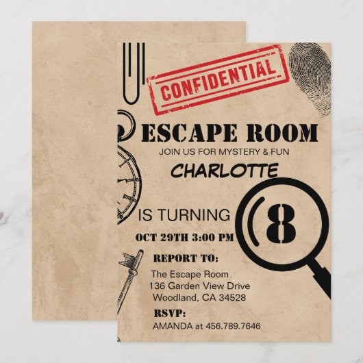 Invitation Vintage Escape Room Mystère Anniversaire (Devant / Derrière)