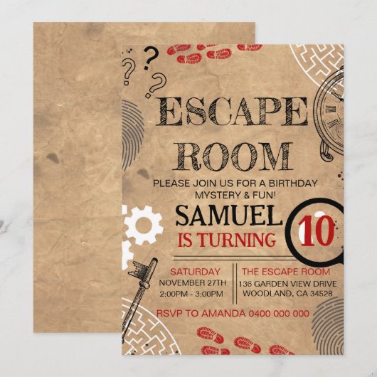 Invitation Vintage Escape Room Mystère Anniversaire (Devant / Derrière)