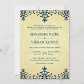 Invitation Vintage Ethnic Blue Damask Mariage indien (Devant)