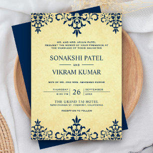 Invitation Vintage Ethnic Blue Damask Mariage indien